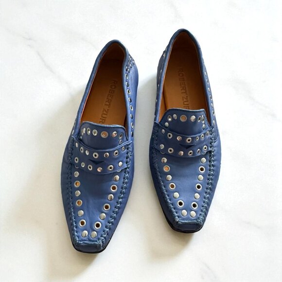ROBERT ZUR Blue Leather Silver Studded Flats Loafers Size 5.5 - Picture 1 of 7